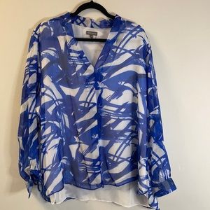Vince Camuto Blue & White Print Sheer Blouse - 3X